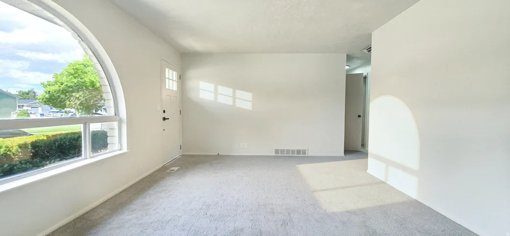Arch-top window with multi-pane lower section, light gray carpeting, and a paneled entry door