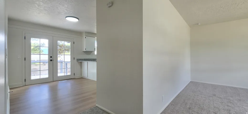 French doors, wood-finish flooring, white cabinetry, light-toned walls, and neutral carpet