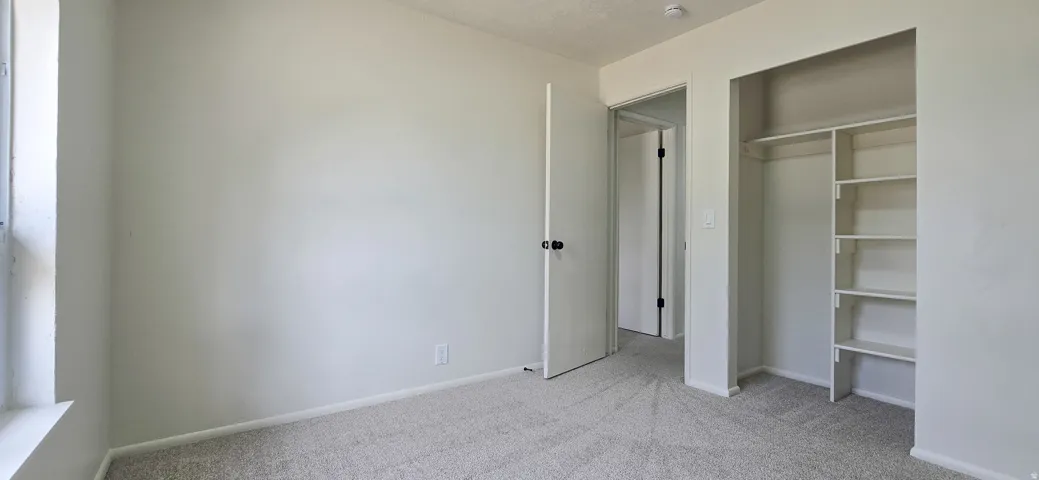 Neutral wall finishes, light-toned carpeting, built-in shelving, and white trim