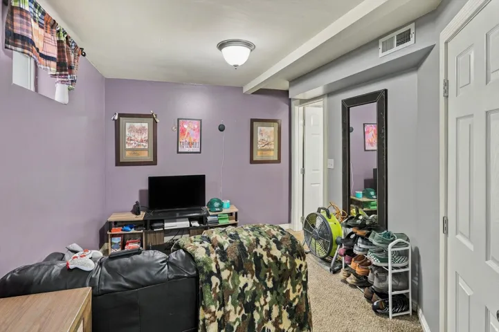 Recessed window, ceiling-mounted light fixture, paneled doors, carpeted flooring, and built-in architectural elements