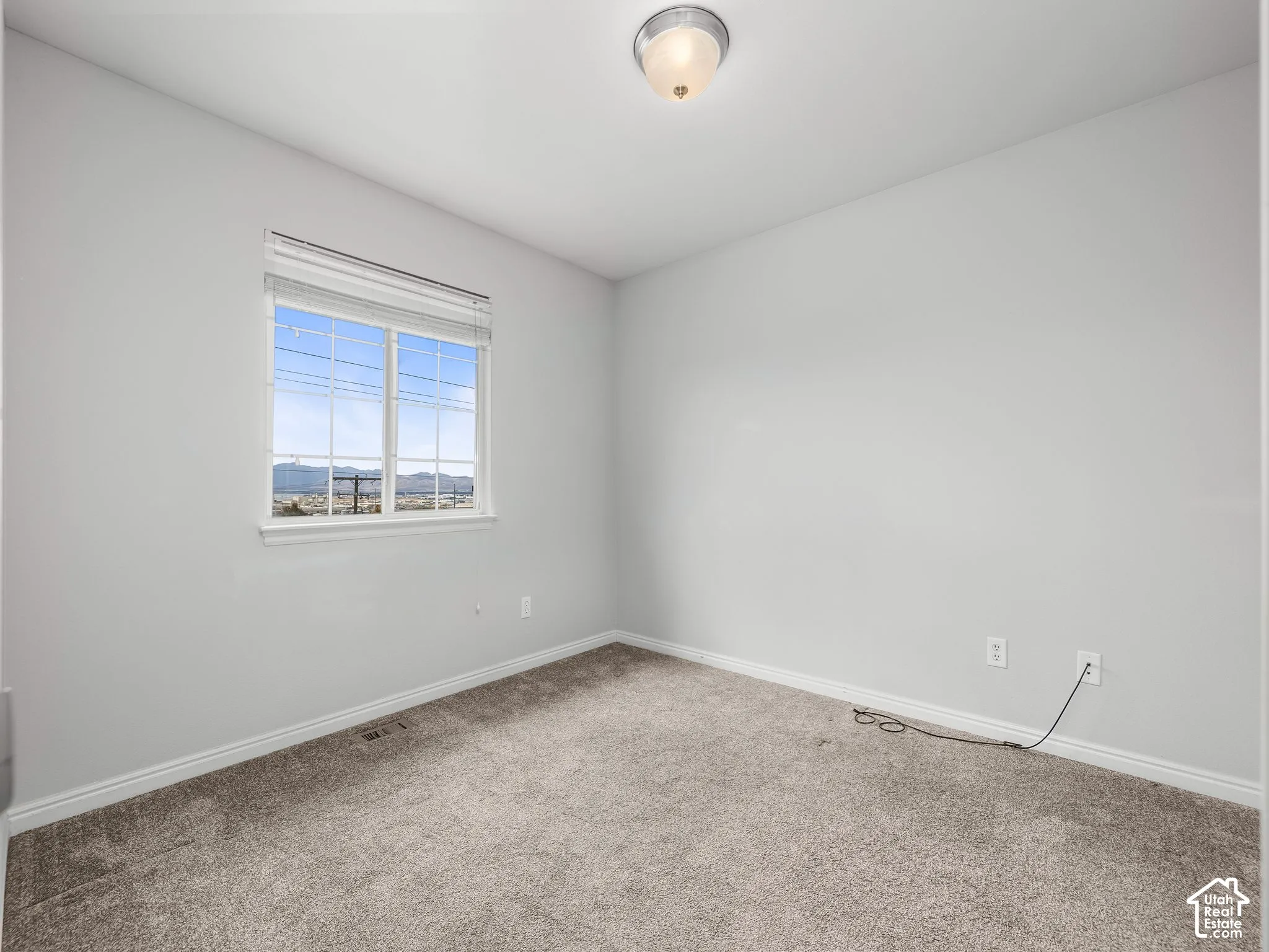 Carpeted room featuring a window with horizontal blinds, a flush mount ceiling light, and white trim