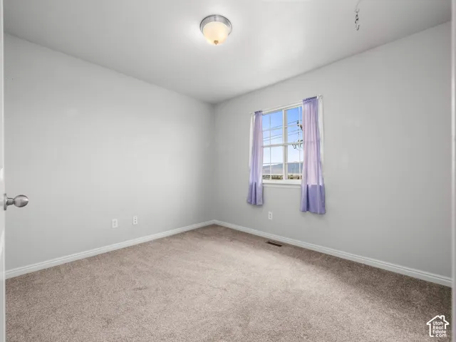 Carpeted flooring, neutral wall color, ceiling-mounted light fixture, window with natural light, white trim molding