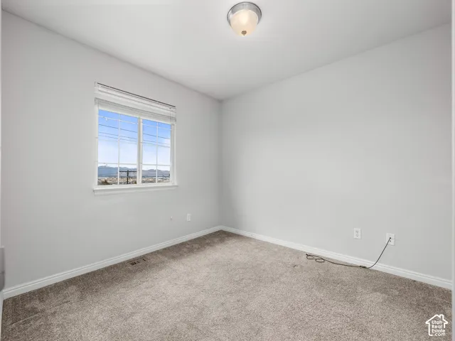 Carpeted room featuring a window with horizontal blinds, a flush mount ceiling light, and white trim