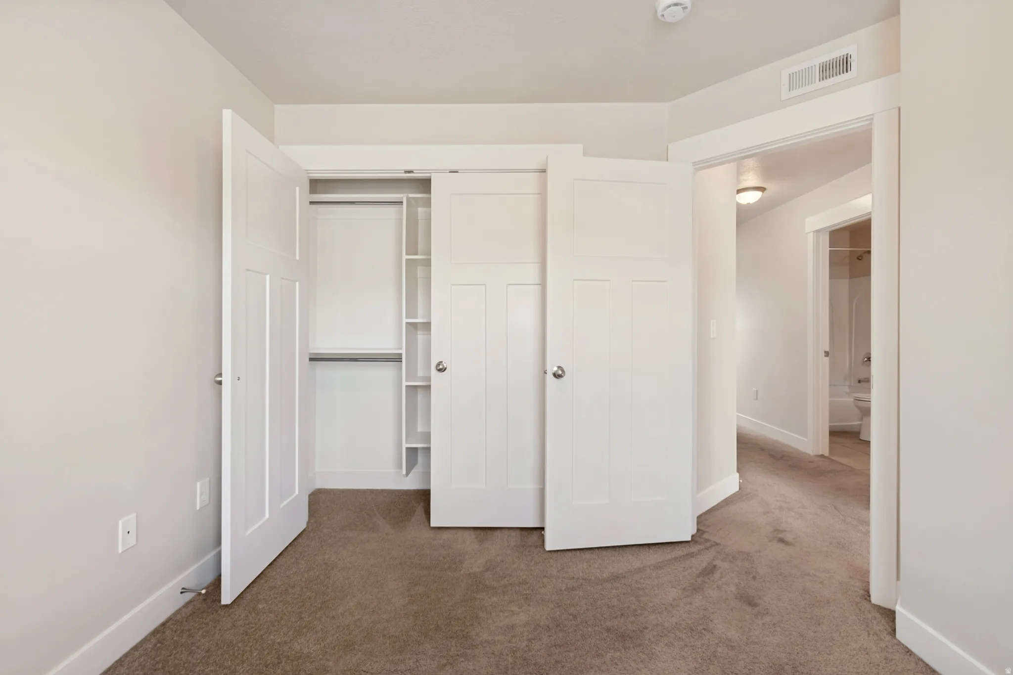 Carpeted flooring, built-in closet shelving, and a hanging rod
