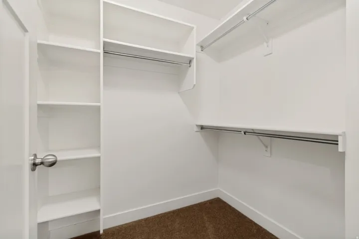 Built-in shelving, white walls, and a silver-toned doorknob complement the carpeted flooring