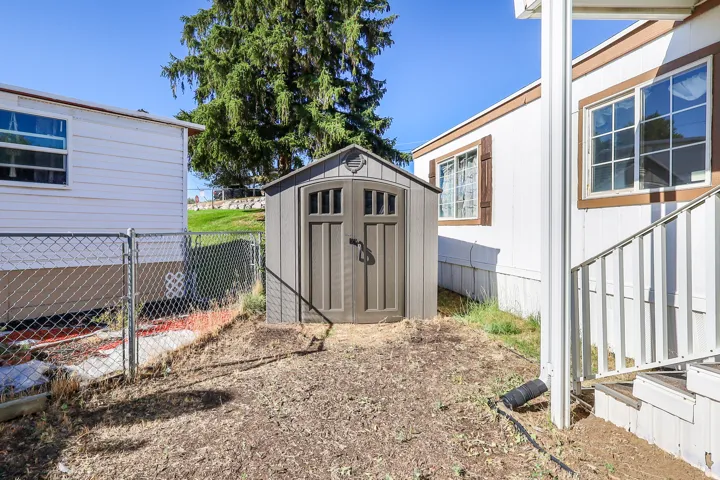 Detached storage shed, chain-link fencing, mature tree, window with brown trim, window with decorative shutters