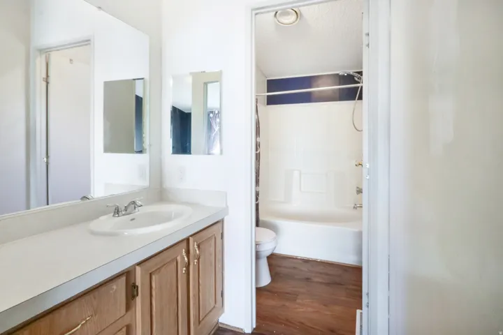 Bathroom featuring a wood-finish vanity with an integrated sink and a full-width mirror