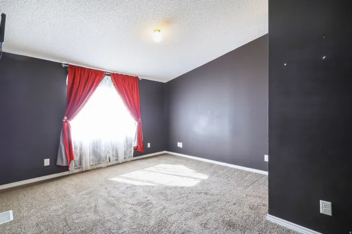 Carpeted flooring, dark-painted walls, and a textured ceiling