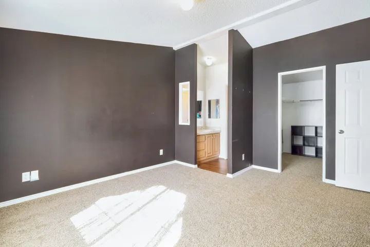 Carpeted room with a vanity area featuring wood-finish cabinetry and a mirror