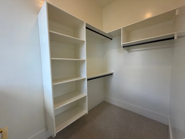Built-in shelving unit, multiple hanging rods, and carpet flooring