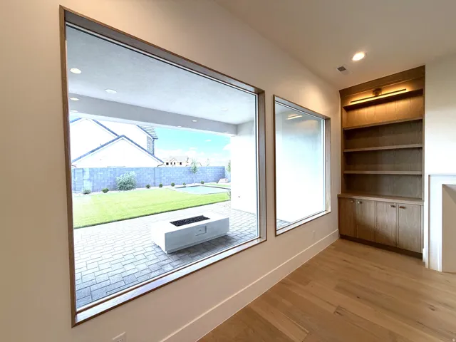 A view to the back patio complete with fire pit