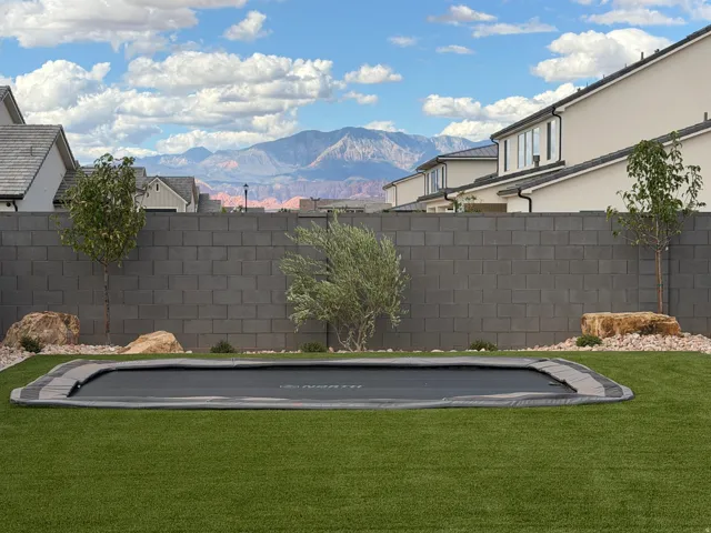 Expansive backyard featuring artificial turf, a built-in trampoline, sport court and full landscaping