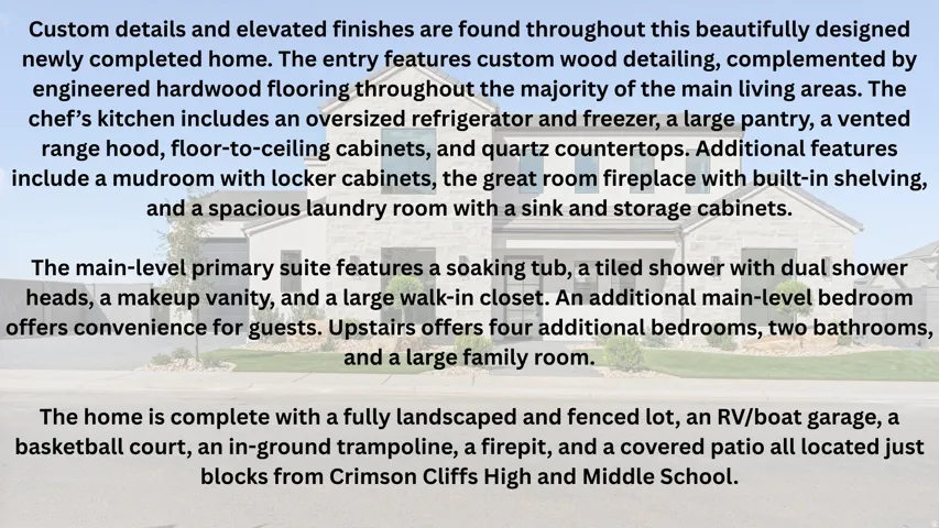 Property Description. Detailing interior and exterior features of the property, including room count, finishes, and site amenities