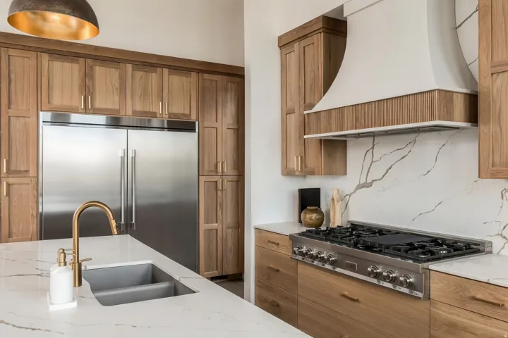 Integrated stainless steel refrigerator, extensive wood-finish cabinetry, white countertop with veining, under-mount sink with gold-tone faucet, and a professional-grade range with a custom hood