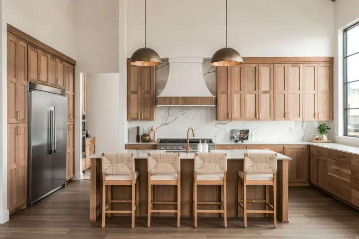Open-concept kitchen featuring wood-finish cabinetry, a large kitchen island, stainless steel refrigerator, and a gas range
