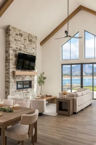 Vaulted ceilings with exposed wood beams