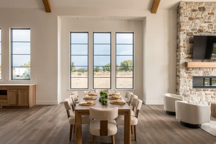 Spacious interior with high ceilings and exposed wood beams
