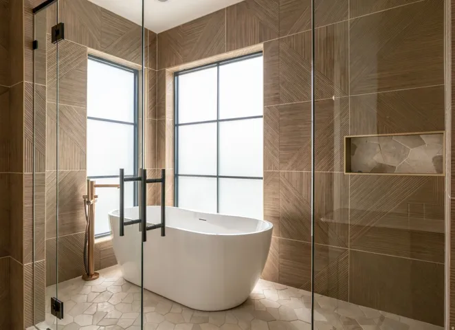 Freestanding soaking tub with a floor-mounted bronze-finish faucet, geometric-patterned wall tile, and a built-in shower niche with stone-look tile