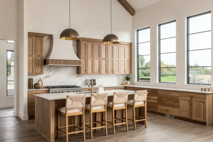 Kitchen featuring wood-finish cabinetry, a large island with countertop seating, a professional-grade range with a custom hood, high ceilings with exposed beams, and multiple tall windows