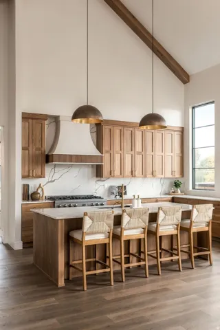 Vaulted ceiling with exposed wood beam, large kitchen island with countertop, wood-finish flooring, full-height backsplash, and a large window