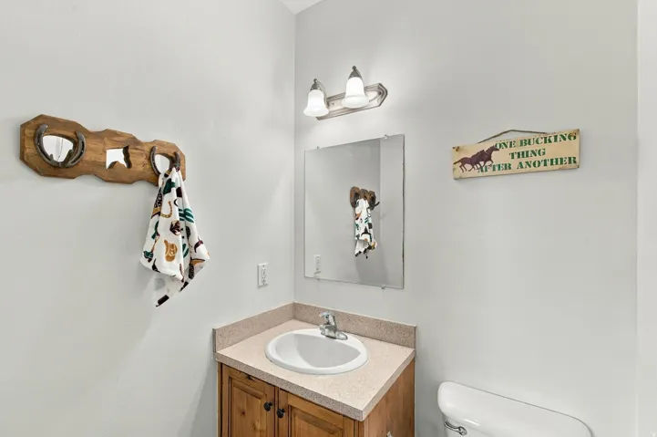 Single vanity with wood-finish cabinetry, a built-in sink, and laminate countertop