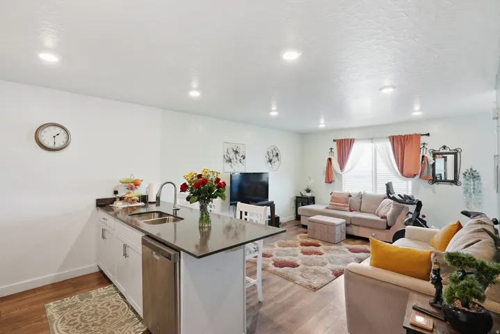 Kitchen island with an undermount dual-basin sink and a gooseneck faucet