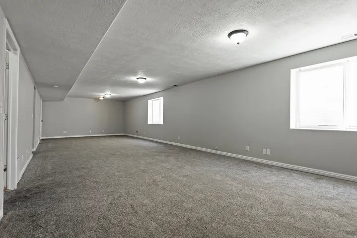 Spacious room featuring gray carpet, light gray walls, multiple windows, and flush-mount ceiling lights