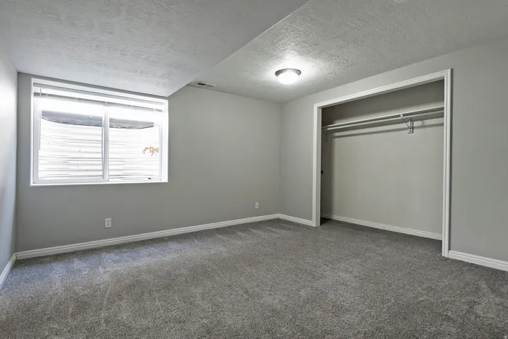 Plush gray carpeting throughout, featuring a single window, a flush-mount ceiling light, and an integrated closet with hanging rods