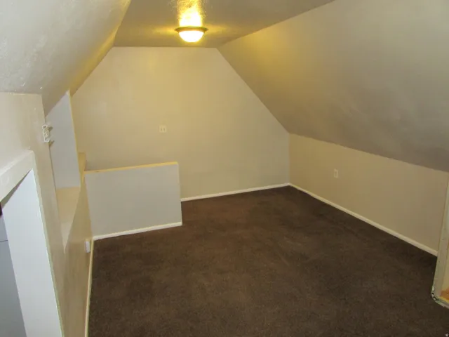 Sloped ceiling room featuring brown carpeting, light neutral wall tones, and a flush mount ceiling light fixture