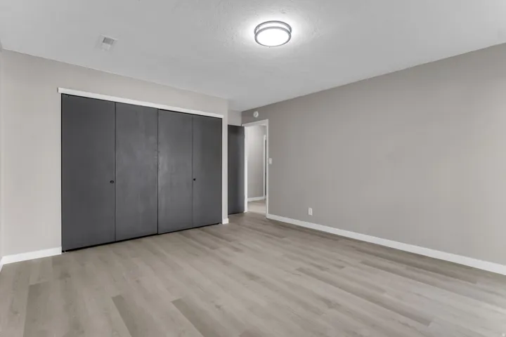 Wood-finish flooring, neutral wall tones, modern flush mount lighting, and ample closet storage with bi-fold doors
