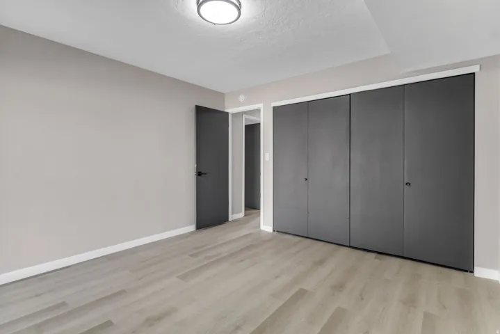 Light wood-finish flooring, neutral wall paint, and a modern flush-mount ceiling light