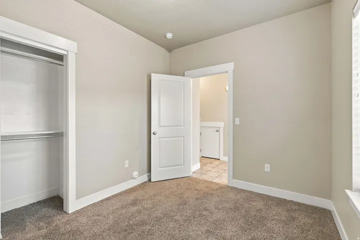 Plush carpet flooring, light neutral wall paint, and a built-in closet with shelving and hanging rod