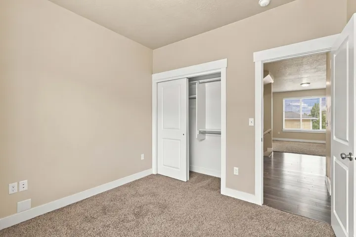 Neutral-toned walls, plush carpet flooring, white trim, and a sliding closet door