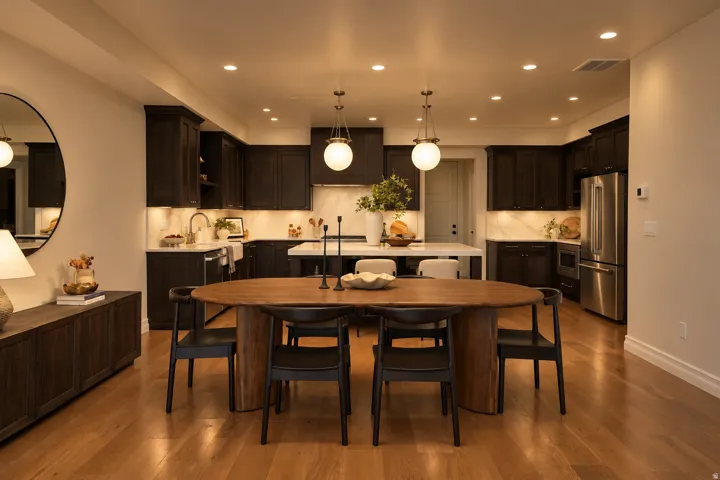 Open-concept kitchen featuring dark wood cabinetry, light wood-finish flooring, recessed lighting, and an expansive kitchen island with a built-in sink