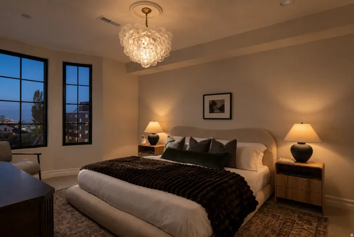 Arched windows with dark mullions, ornate ceiling light fixture, recessed ceiling lighting, light-toned wall paint, and wood-finish nightstands
