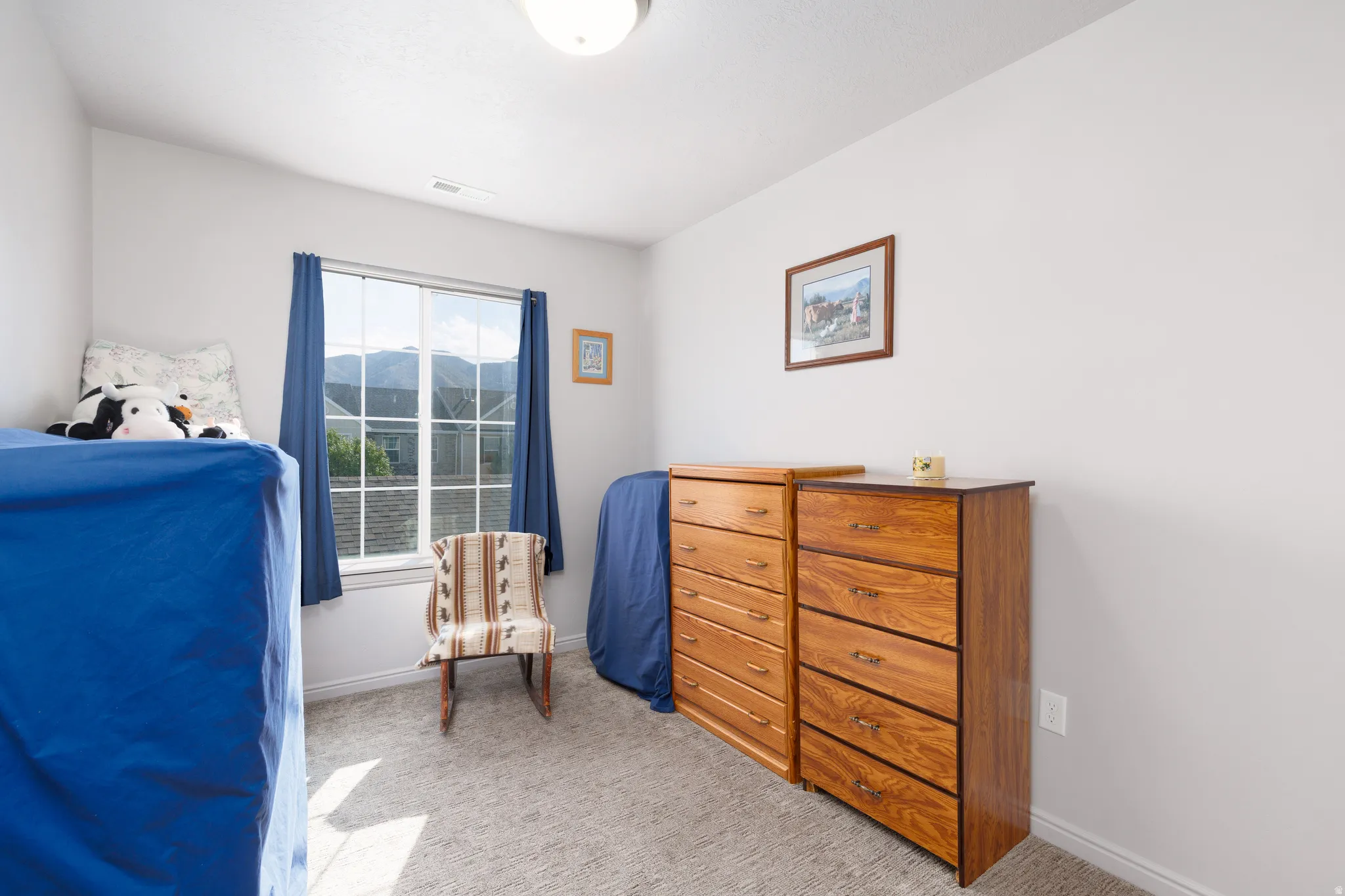 Window with mountain scenery, light gray carpet, and white walls