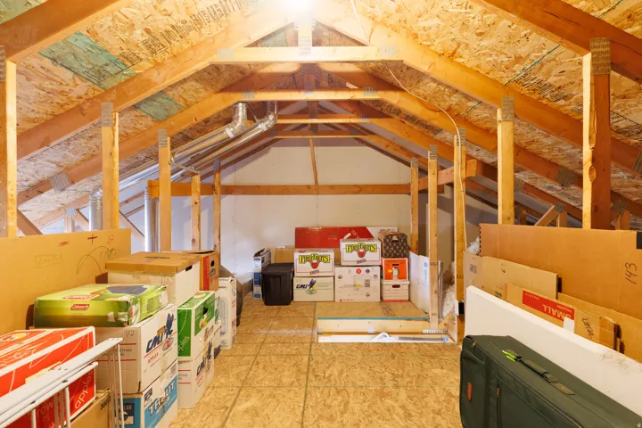 Unfinished attic space featuring exposed wood framing and a plywood floor