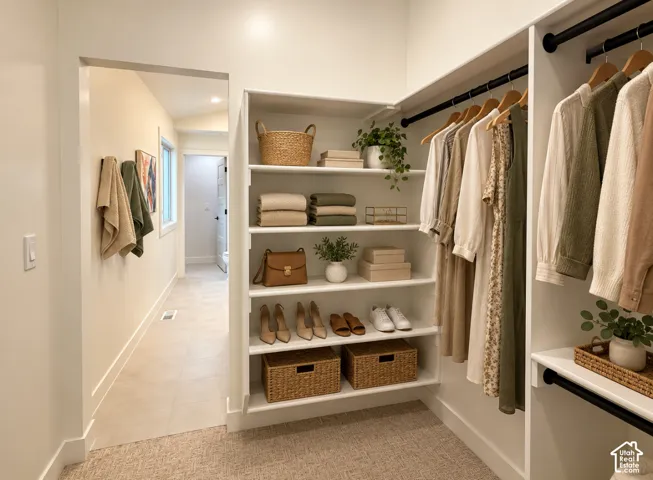 Custom built-in closet system featuring white shelving and black metal hanging rods