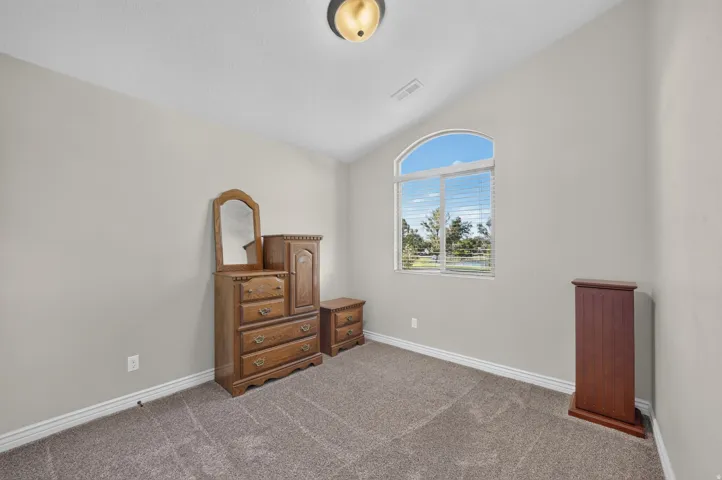 Vaulted ceiling room with an arched window, featuring light gray walls, white trim, and neutral-toned carpeting