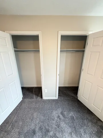 Dual closet spaces with white doors, integrated shelving, and carpet flooring
