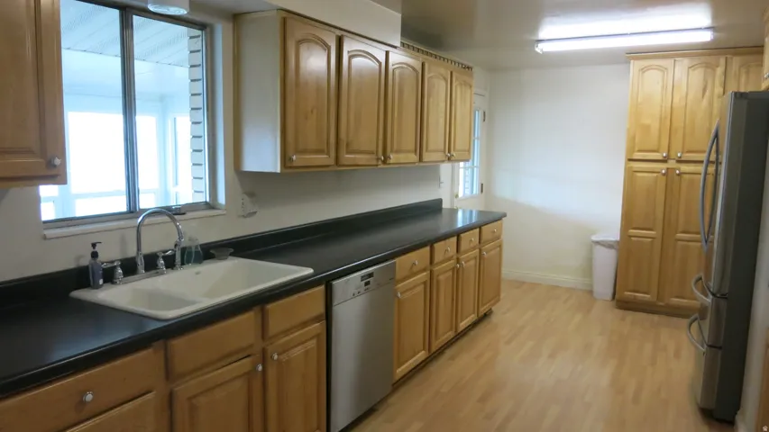 Wood-finish flooring with extensive cabinetry, a stainless steel dishwasher, and a double-basin sink