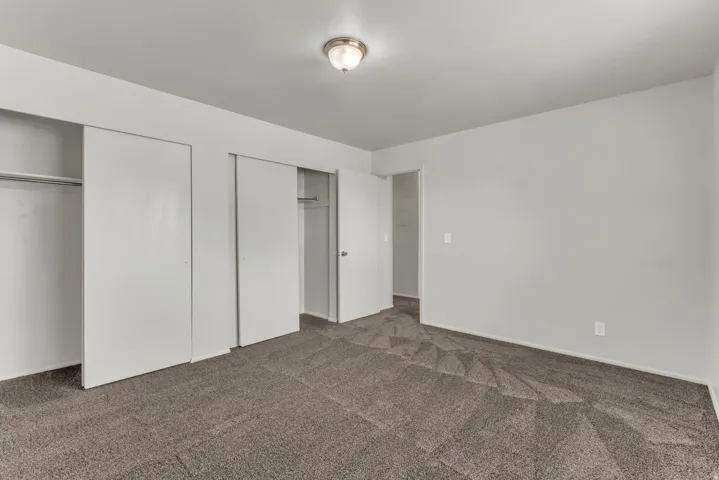 Neutral tone wall paint, textured carpeting, recessed closets with sliding doors, and a ceiling-mounted light fixture