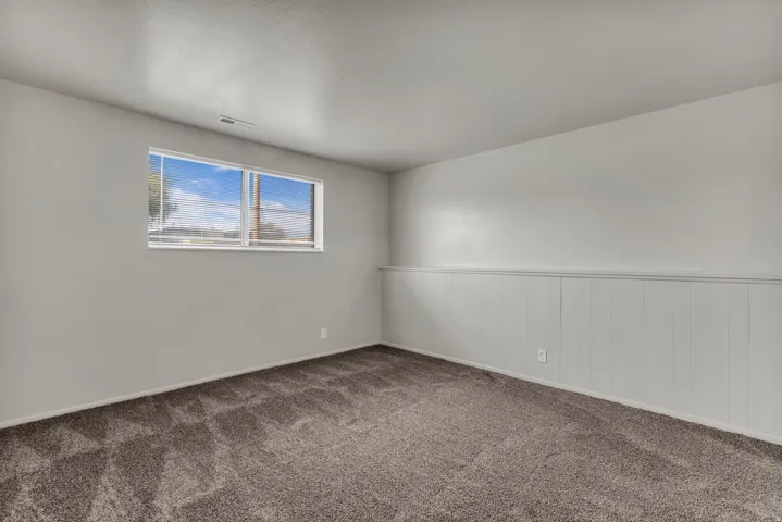 Plush carpet flooring, white wall paneling, and a white-framed window