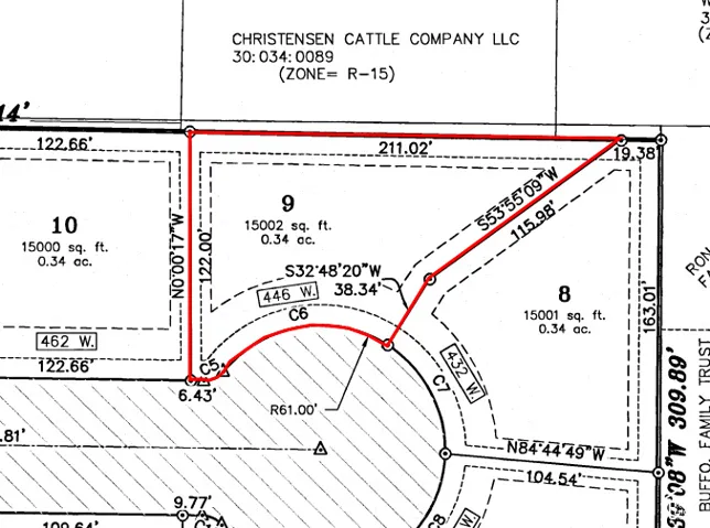 Plat Map, Parcel 9. Outlining the dimensions and area of the property, including its boundaries and associated coordinates