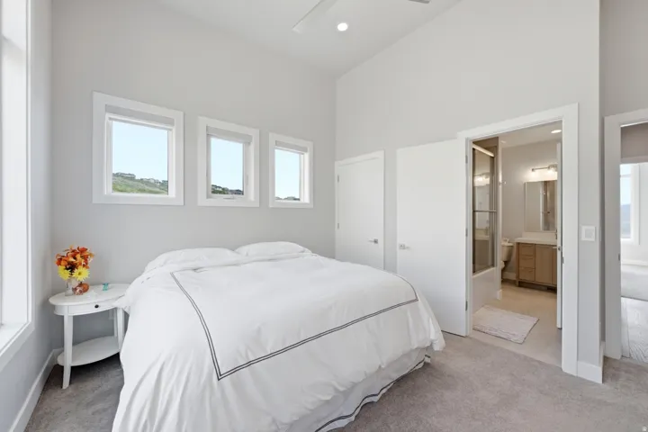 High ceilings, recessed lighting, multiple windows, plush carpet flooring, and an en-suite bathroom with a glass-enclosed shower