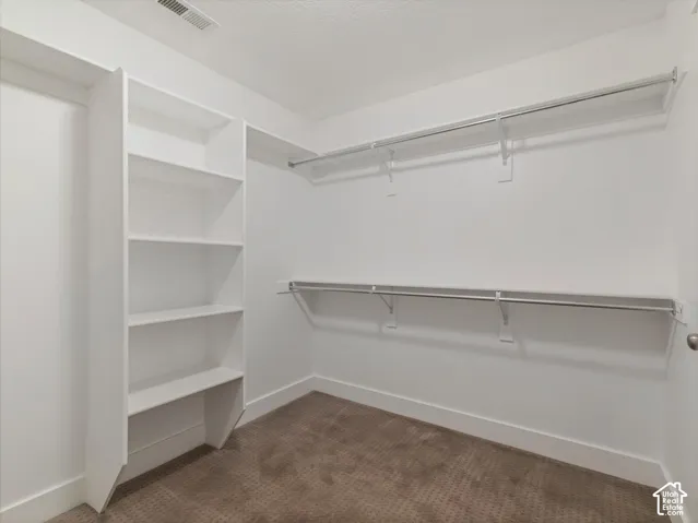 Walk-in closet featuring built-in shelving, two levels of hanging rods, and textured carpeting