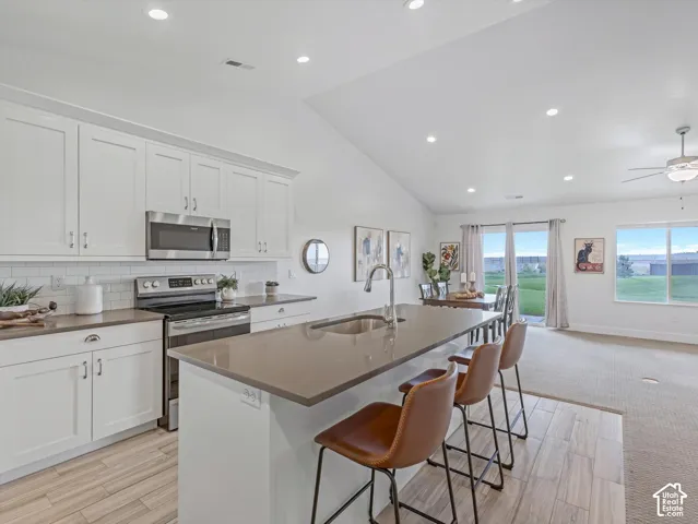 Modern kitchen featuring white shaker cabinetry, stainless steel appliances, a large island with sink, and wood-look flooring