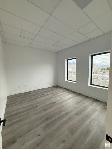 Room featuring a suspended ceiling, two windows, and wood-finish flooring