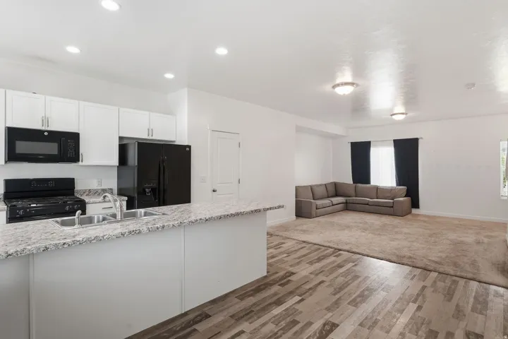 Open-concept living area with wood-finish flooring, recessed lighting, and carpeted lounge space