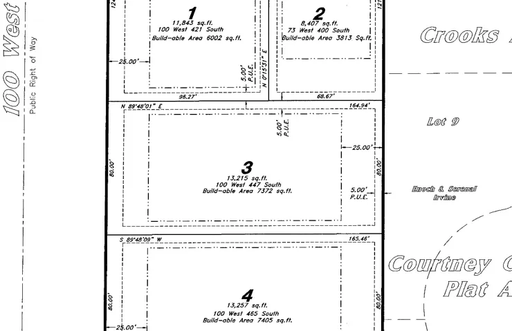 Plat Map. Illustrating property divisions, dimensions, and designated buildable areas for individual lots